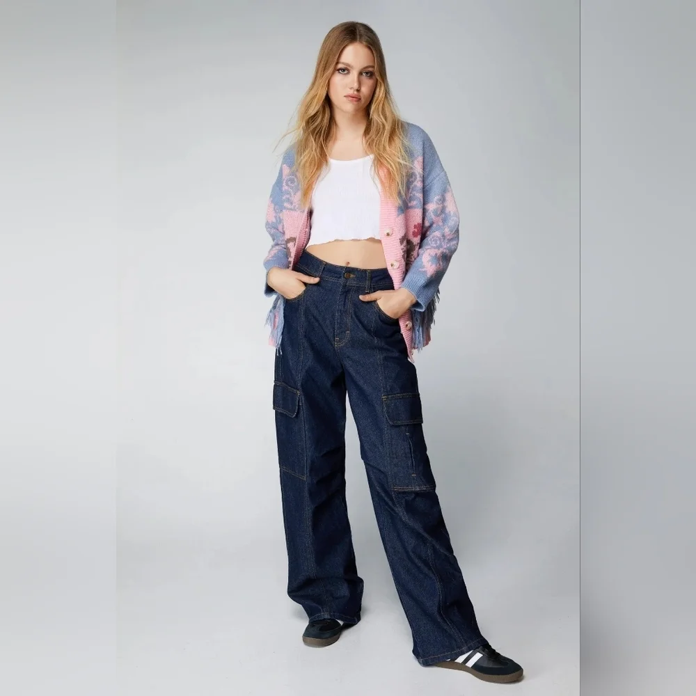 Nasty Gal Floral Fringe Knit Cardigan Pink Oversized Drop Sleeve  NWT PTP 24" - Picture 12 of 12